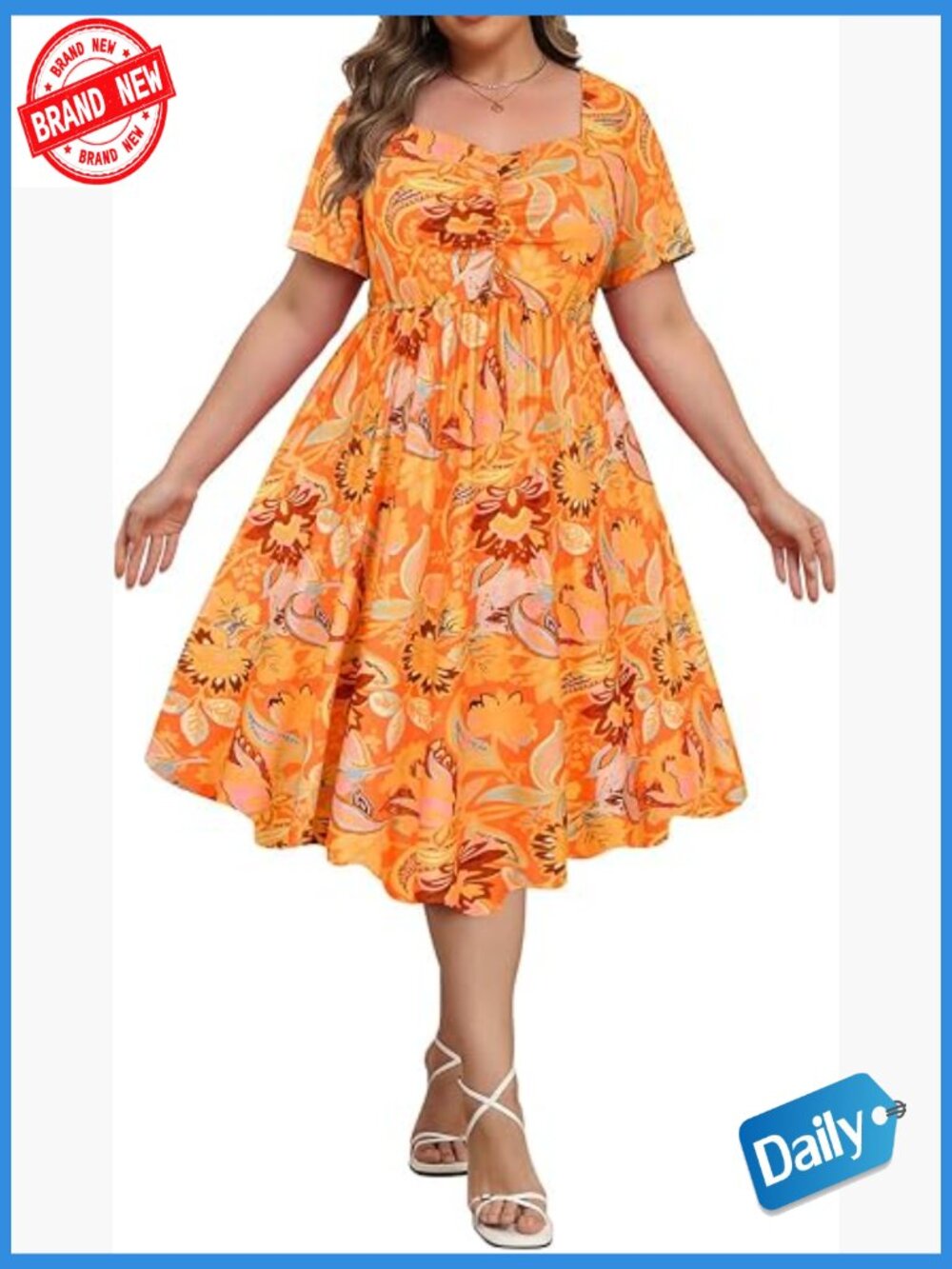 Plus Size Boho Midi Dress Sweetheart Neck Short Sleeve Empire Waist with Pocket